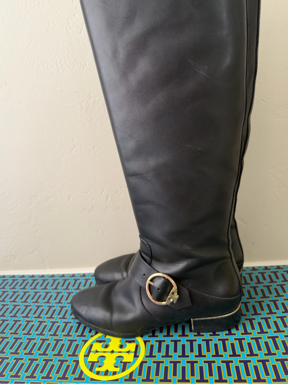 Tory Burch Black Leather Over-the-Knee Boots with Gold Buckle